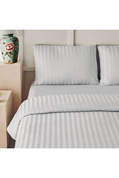 zera collection Gray Bedding Set - Cotton Satin Striped Duvet Cover Set Double Size Bed Sheet + 2 Pillows +Duvet Cover