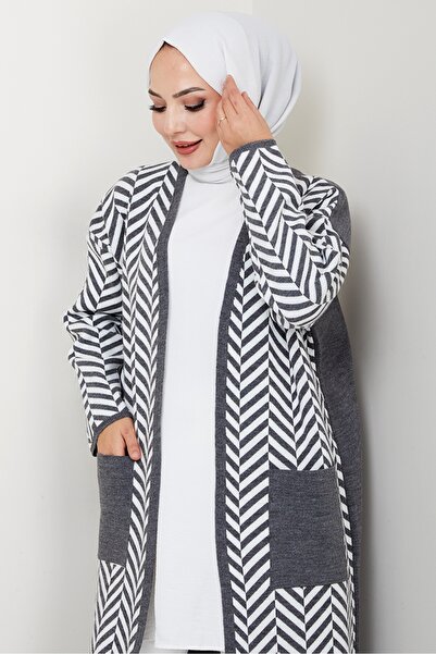 Bestenur Stripe Detailed Knitwear Cardigan 1604 - Anthracite