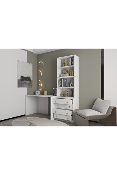 nettrends.net the new trend of shopping L-Köşe Çalışma Masası 4 Çekmeceli Kitaplıklı Düzenleme Seti Modüler Kurulum,Beyaz-PNR-CMS-1015