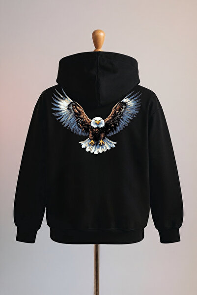 Vordevia سويت شيرت أسود كبير الحجم مصنوع من القطن بطبعة نسر و3 خيوط