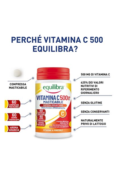 Equilibra Vitamin C 500 - for immunity, oxidative stress, fatigue, 60 chewable tablets