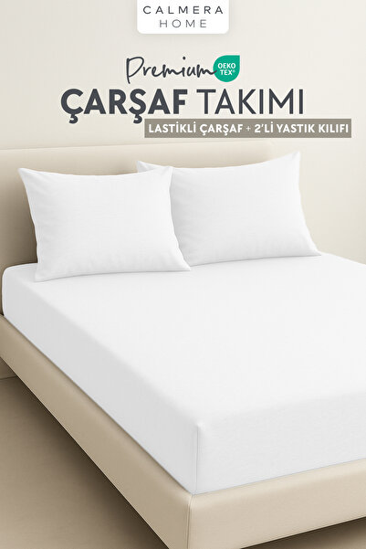 Calmera 100% Cotton Combed Elastic Fitted Sheet Set + 2 Pillowcases |   Double/King Size - White