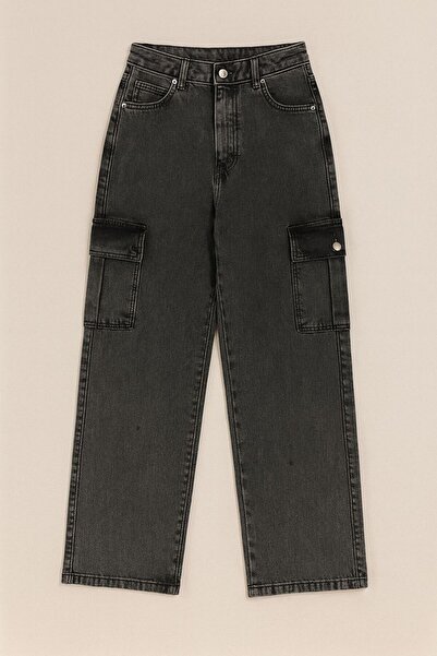 FİVA JEANS KADIN-YÜKSEK BEL ESNEK/LİKRAKI KARGO CEPLİ KOT PANTOLON