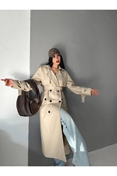 Genel Markalar Kadın Astarlı Premium Deri Apoletli Pelerinli Trençkot