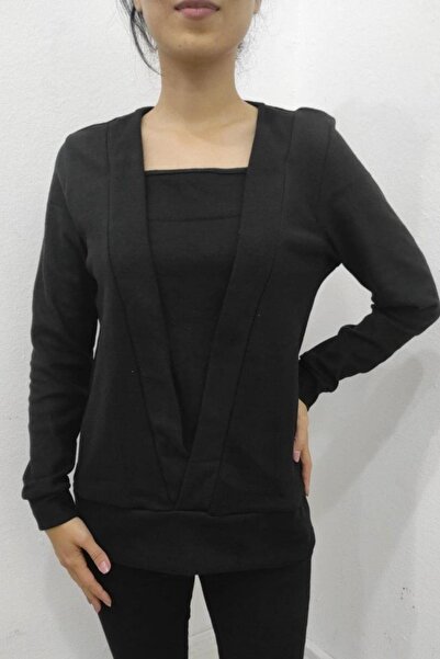 Mossta Double-Breasted Collar Soft Blouse with Cuffs on Sleeves and Hem - Black