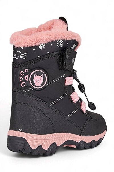 İmerShoes Günlük Kız Çocuk Kar Botu Cırtlı Lastik Bağcıklı Kürklü Kar Desenli Kalın Tırtıklı Taban Bootie 014
