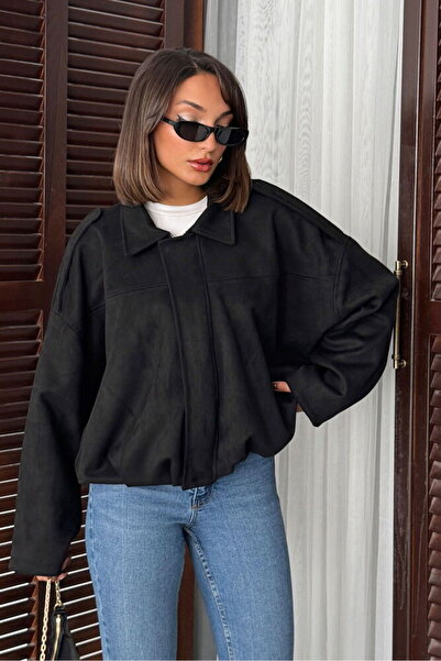 DazzUp سترة نسائية من جلد الغزال الصناعي بأكمام الخفاش