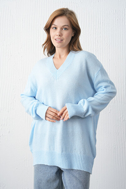 WOMAN VISION Women's Baby Blue Knitwear Fabric V-Neck Oversize Sweater 4093