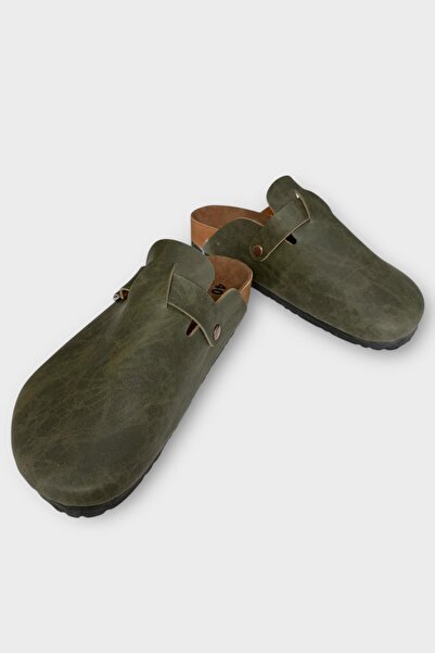 Liger Unisex Buckle Detailed Cork Anatomical Sole Slippers Khaki - Beige