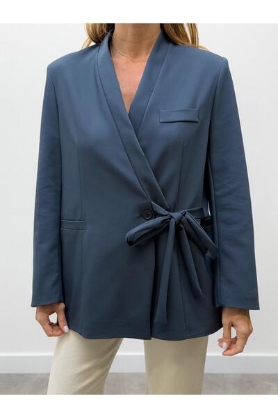 Maldia Shop Women's Double Breasted Belted Blue Jacket