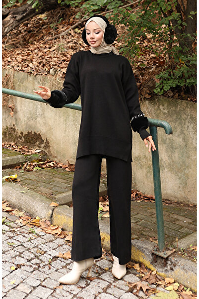 sefamerve Triko Reglan Kol Tunik Pantolon İkili Takım 1054-02 Siyah