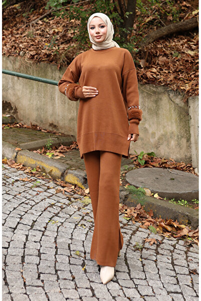 sefamerve Triko Reglan Kol Tunik Pantolon İkili Takım 1054-03 Taba