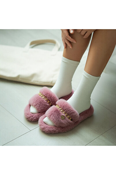 OEM Papuci de casa pufosi si caldurosi pentru dama, cu aplicatie metalica dec...