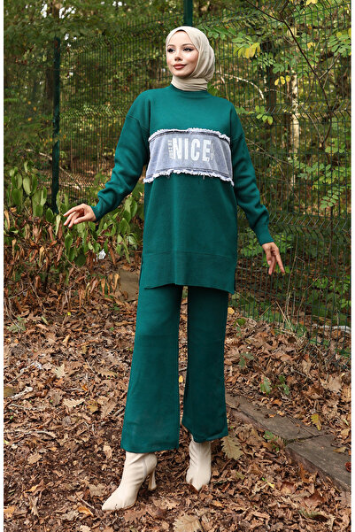 sefamerve Triko Kot Garnili Tunik Pantolon İkili Takım 1094-01 Petrol