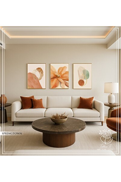 Tablomtr Springtown - Dijital Baskılı Gold Metal Çerçeveli Gerçek Camlı 3'lü Dekoratif Tablo