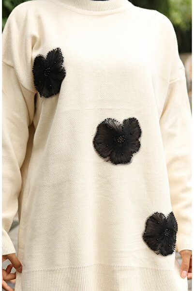 sefamerve Triko Boncuk İşlemeli Tunik Pantolon İkili Takım 1016-08 Bej