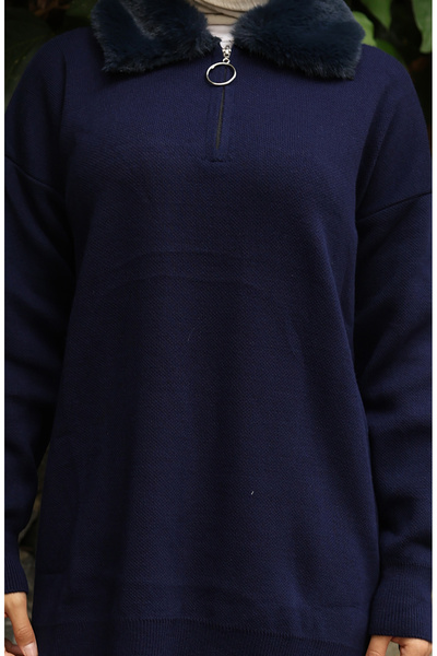 sefamerve Knitwear Fur Collar Tunic Trousers Double Suit 1059-04 Navy Blue