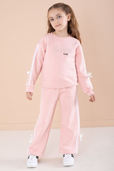 Cansın Mini Ροζ Κεντημένο Σετ Φόρμας για Κορίτσια με Λεπτομέρεια Κορδέλας 23237