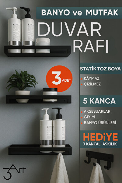 3art Metal 3’lü Banyo Rafı – Duvar Tipi Organizer - Siyah Şık Şampuan ve Akse...