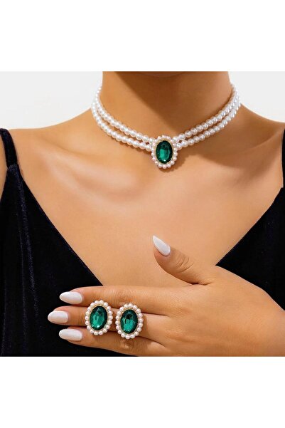 Pursehuit Set colier și cercei, aurii, cu perle și pietre verzi, Otta C4