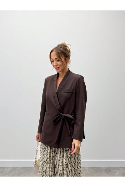 Maldia Shop Women's Double Breasted Belted Tie-Up Brown Jacket