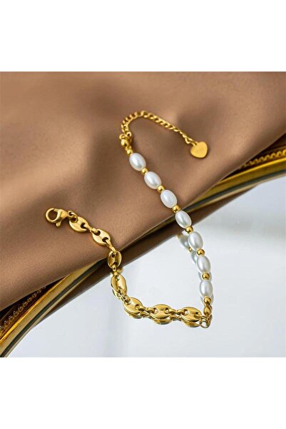Pursehuit Brățară aurie, din oțel inoxidabil, cu perle, suflate cu aur de 18k...