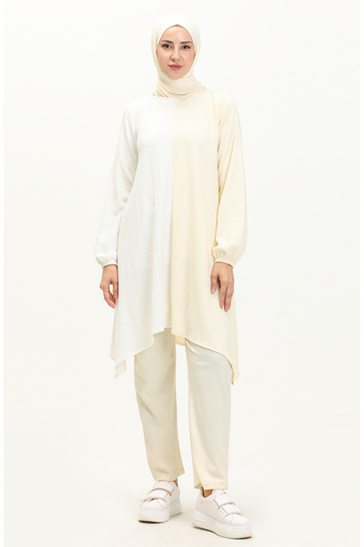 sefamerve Ασύμμετρο Παντελόνι Τουνίκ Διπλό Σετ 3015-04 Εκρού Κίτρινο