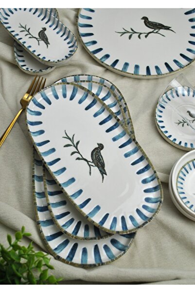 Qualitev 29 Parça Porselen Kahvaltı Takımı Love Birds Mavi - 6 Kişilik Kahvaltı Tabak Seti