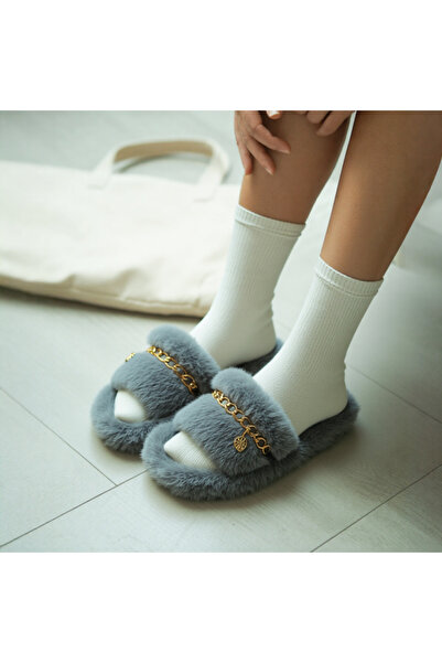 OEM Papuci de casa pufosi si caldurosi pentru dama, cu aplicatie metalica dec...