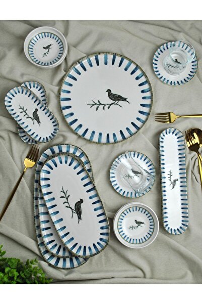 Qualitev 29 Parça Porselen Kahvaltı Takımı Love Birds Mavi - 6 Kişilik Kahvaltı Tabak Seti
