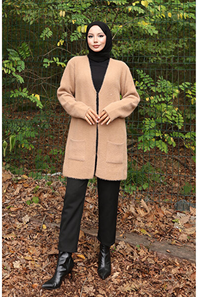 sefamerve Πλεκτό Ζακέτα με τσέπες 0412-01 Γαλακτοκαφέ