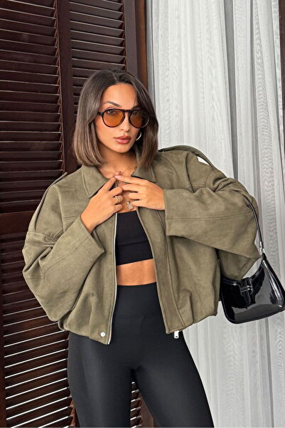 DazzUp سترة نسائية من جلد الغزال الصناعي بأكمام الخفاش