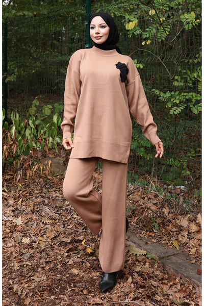 sefamerve Kötöttáru Gyöngyös tunika nadrág kétrészes szett 1021-02 Tejkávé