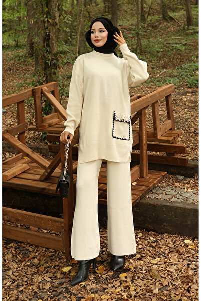 sefamerve Triko İinci Detaylı Tunik Pantolon İkili Takım 1025-03 Bej