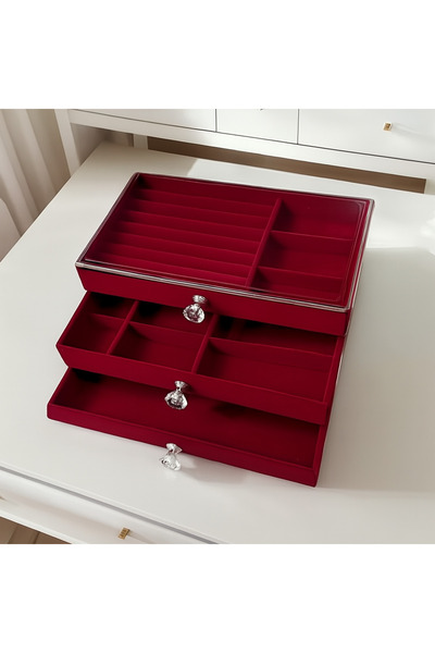 MSALIŞVERİŞ صندوق مجوهرات فاخر مع أدراج باللون الأحمر الداكن