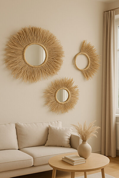 Ebruli Rafya Ayna Duvar Dekorasyon Seti