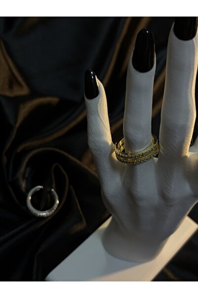 EKİDORA Stoned Double Row Women's Steel Ring Adjustable Gold and Silver Color Jewelry