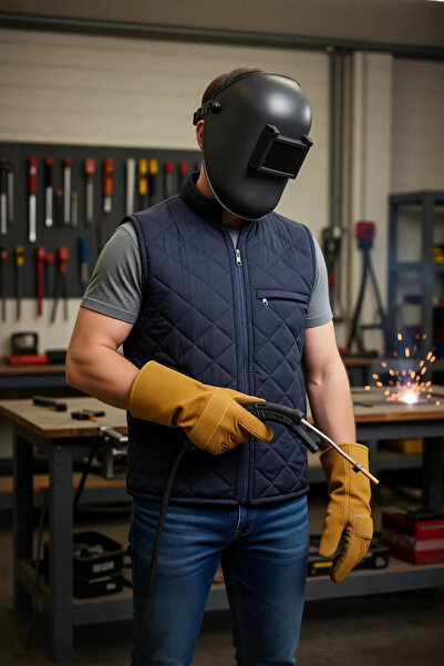 VİZYON İKRA Soğuk,Rüzgar ve Su Geçirmez Kapitone Lacivert Çok Amaçlı Kışlık İş Yelek Şardonlu Astar