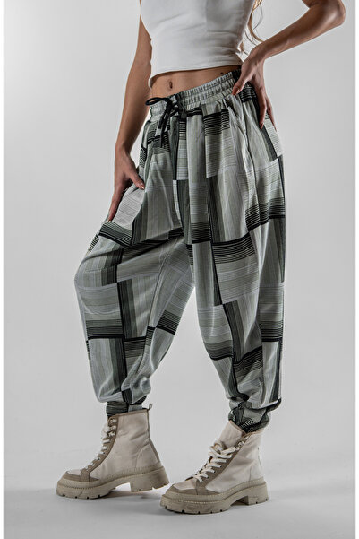 Superbluemexico Women's Pleated Plaid Patterned Trousers with Elasticated Cuffs