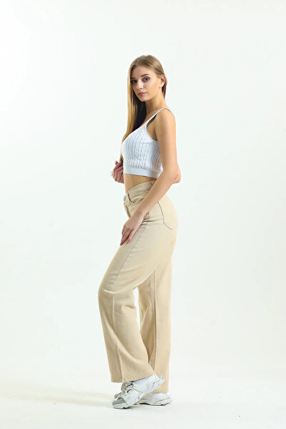 kleshus بنطلون جينز نسائي فضفاض بخصر عالٍ وقصة مستقيمة من كريم - طراز بالازو-2
