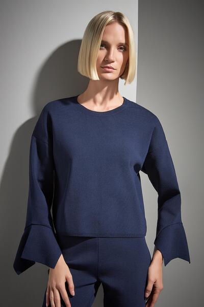 JOIN US Bisiklet Yaka Volanlı Lacivert Triko Kazak