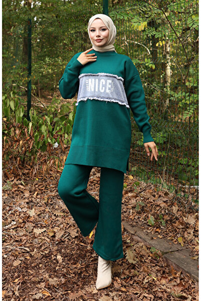 sefamerve Triko Kot Garnili Tunik Pantolon İkili Takım 1094-01 Petrol