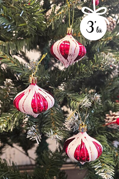 PEKSHOP Red and White Domed Balls Christmas Tree Ornament 3-Pack Pine Tree Ornaments