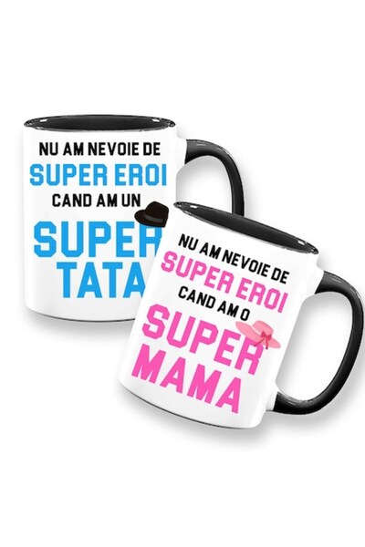 OEM Set 2 personalized mugs with message: "Super dad, super mom", Betaprint, Model 2, white with black i