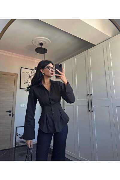 Gizuu Siyah Belden Oturtmalı Poplin Gömlek