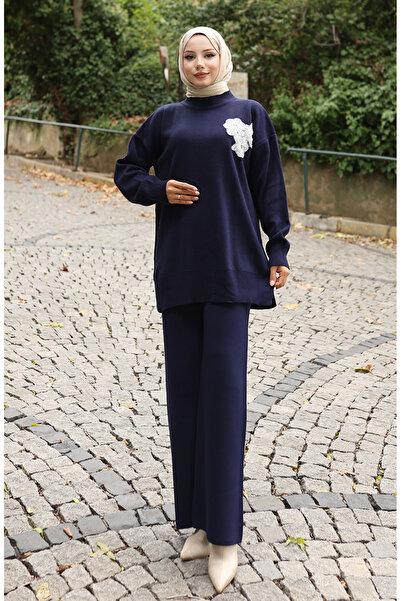 sefamerve Triko Boncuk İşlemeli Tunik Pantolon İkili Takım 1021-06 Lacivert