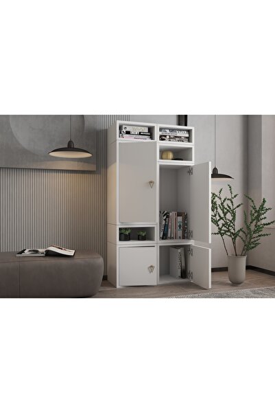 nettrends.net the new trend of shopping Modüler Çift Kapaklı + Açık Raflı Kitaplık, Beyaz (129.8×100.8×29.8 cm)-PNR-KTP-1009
