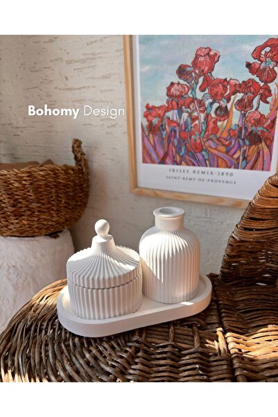 Bohomy Design 3'lü Dekoratif Kubbe Mumluk Seti, İskandinav Tarzı Kapaklı Muml...