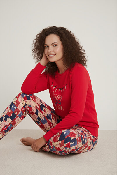 Bravie Luxury Thermal Happy New Year Patterned Women's Fleece Winter Pajama Set – 42049