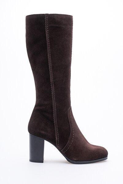 ANALİN SHOES Γυναικείες μπότες σουέτ με τακούνι από γνήσιο δέρμα - καφέ